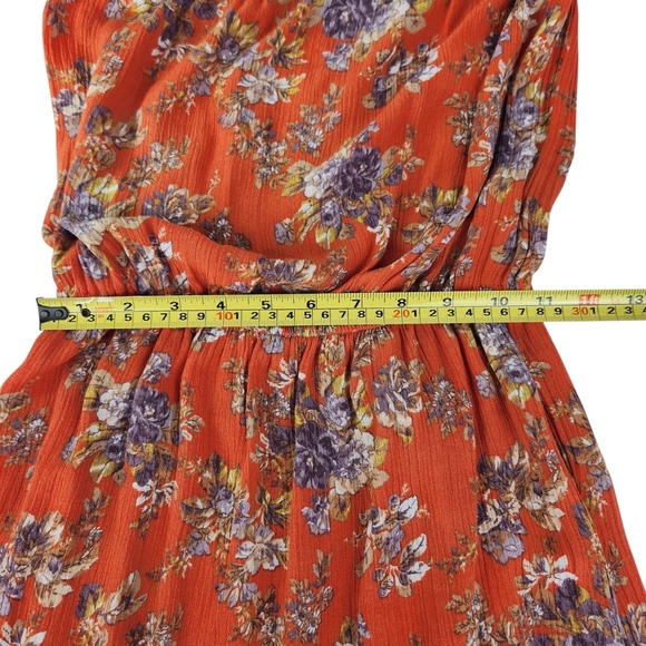 American Eagle Outfitters Orange Floral Mini Dress Off Shoulder XS Boho Pockets - Picture 12 of 14